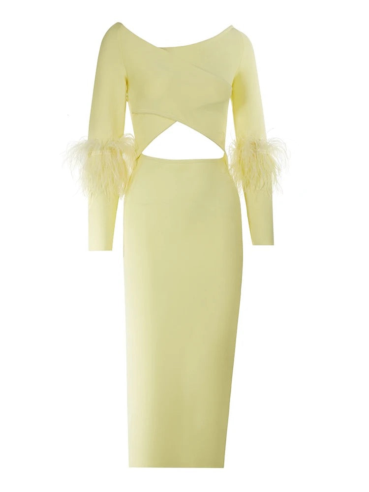 “Lemon” dress con piume pre order